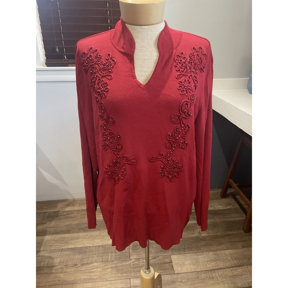 Dressbarn Red Beaded Mandarin Collar Long Sleeve Fine Knit Top Sweater Sz 18/20